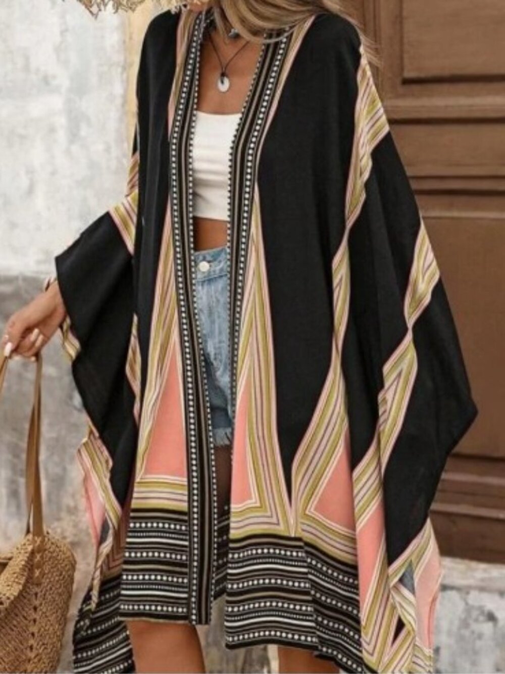 Printed Kimono Beach Pool Cover Up Oversized Black Tan Orange Large